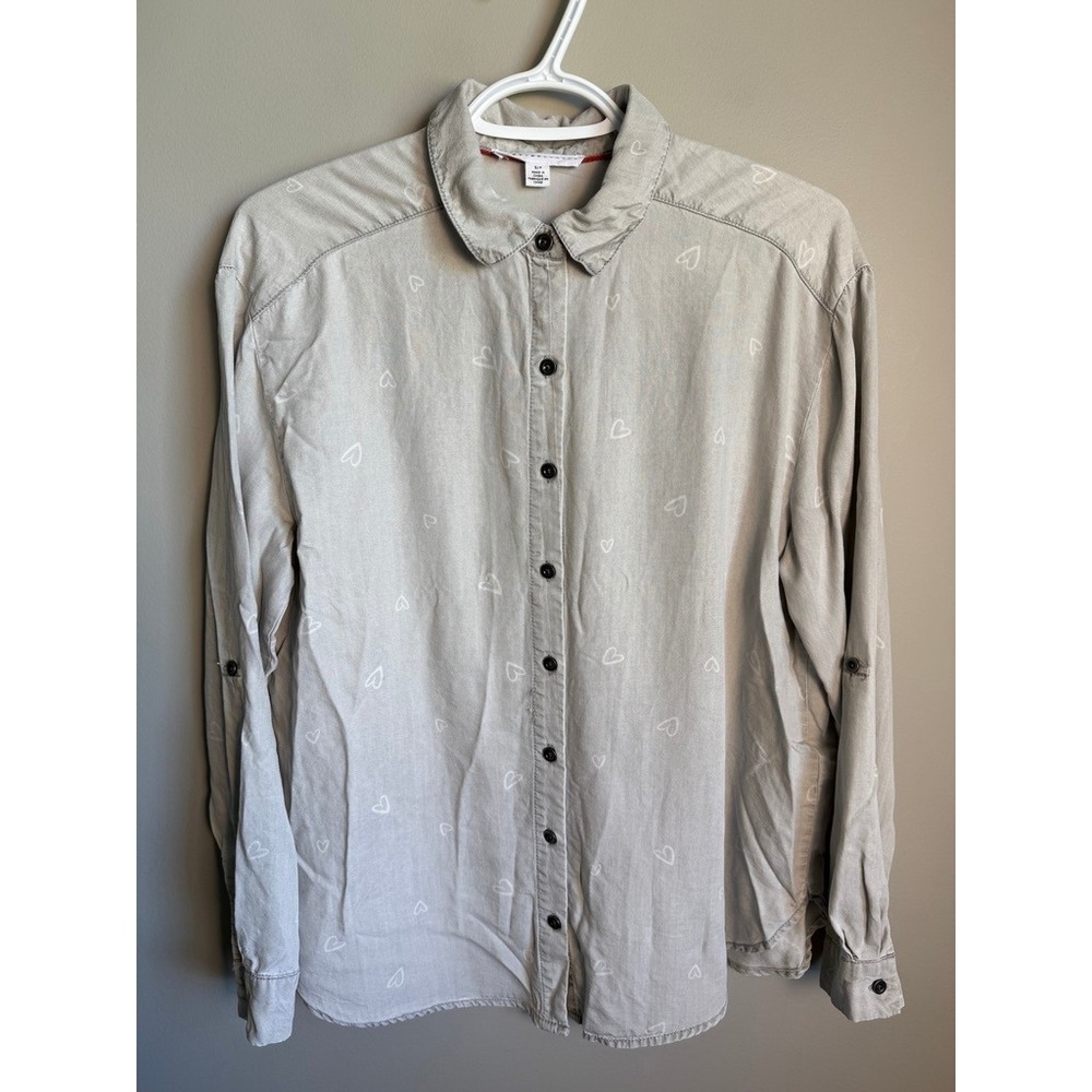 Jane + Delancey Women's S Light Gray Heart Print Shirt Casual Soft Boho Romantic